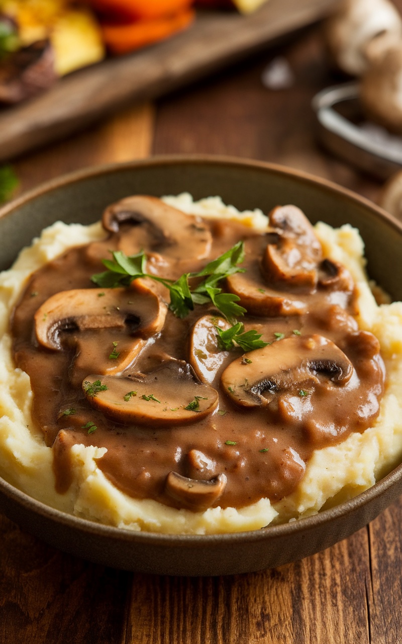 Savory mushroom gravy over mashed potatoes, garnished with parsley, with roasted vegetables on the side.